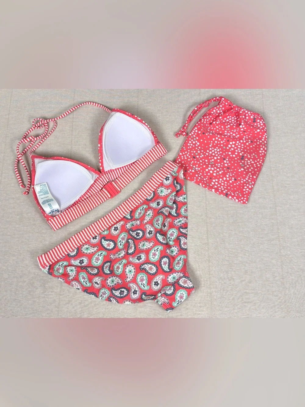 Boden Pink Paisley Heart Print Bikini Set w/ Matching Bag US 4 Swimwear